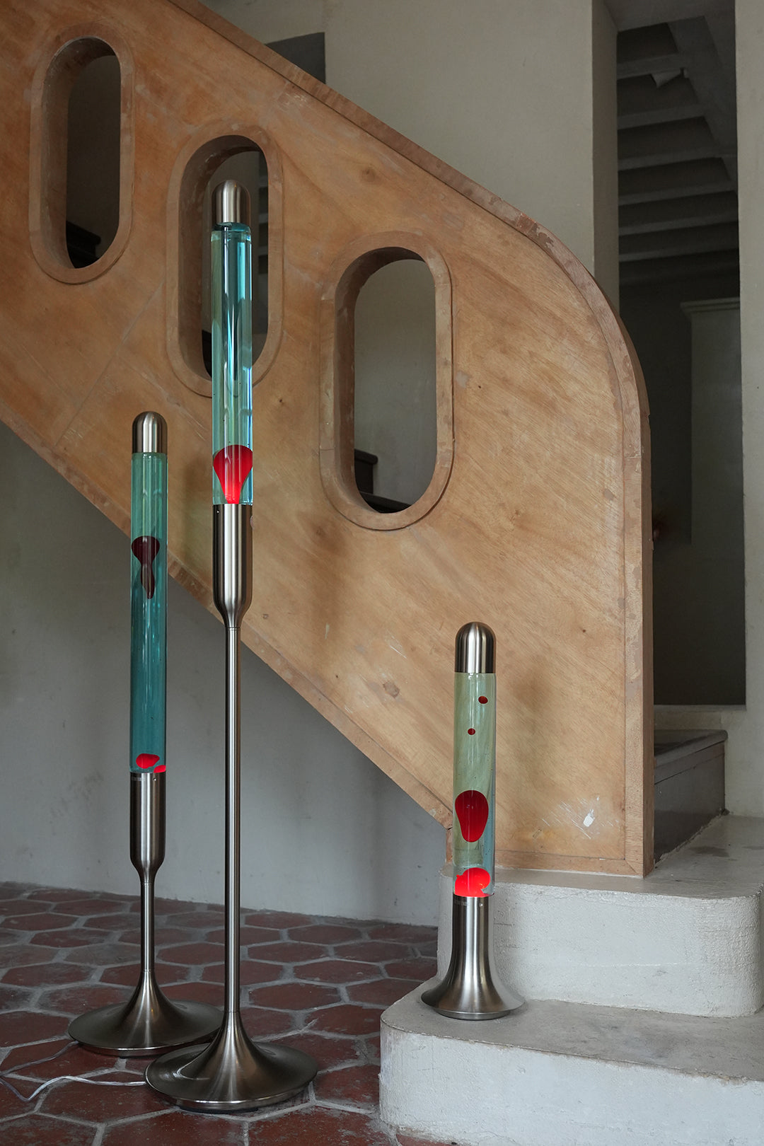 Red & Blue lava lamp in contemporary interior setting