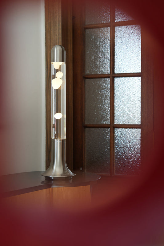 White & Clear lava lamp detail view showing wax flow